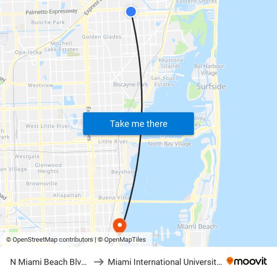 N Miami Beach Blvd & NE 10 Av to Miami International University Of Art & Design map