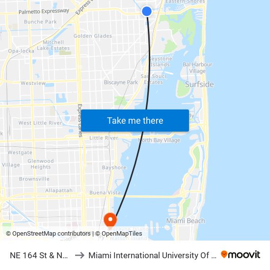 NE 164 St & NE 19 Av to Miami International University Of Art & Design map