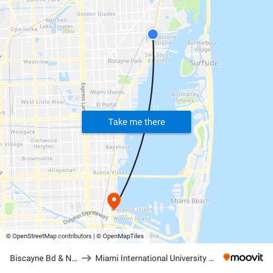 Biscayne Bd & NE 135 St to Miami International University Of Art & Design map