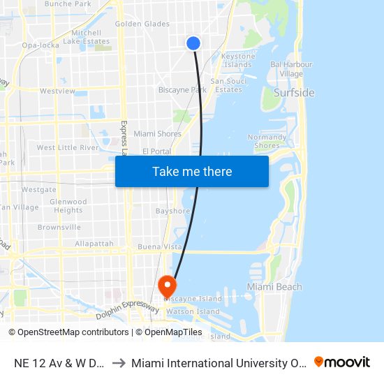 NE 12 Av & W Dixie Hwy to Miami International University Of Art & Design map