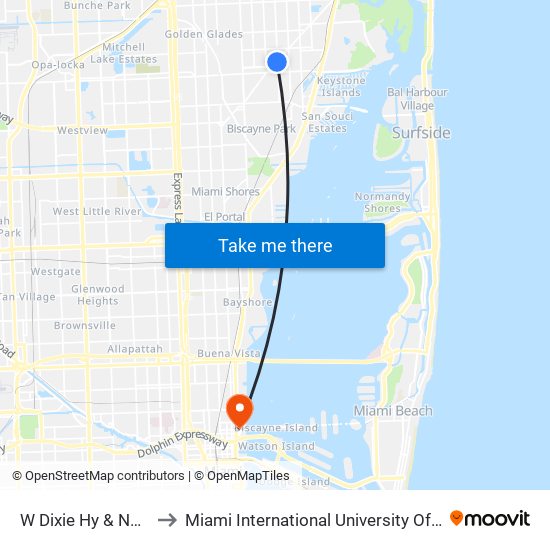 W Dixie Hy & NE 139 St to Miami International University Of Art & Design map