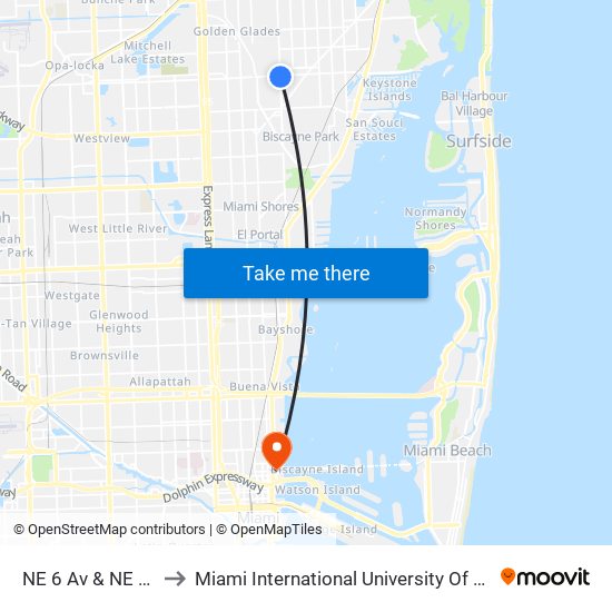 NE 6 Av & NE 135 St to Miami International University Of Art & Design map