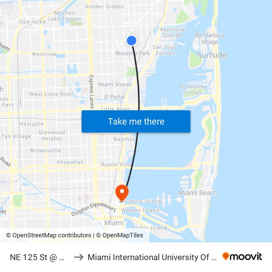 NE 125 St @ NE 8 Av to Miami International University Of Art & Design map