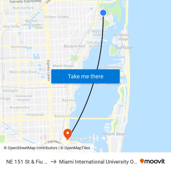 NE 151 St & Fiu Stadium to Miami International University Of Art & Design map