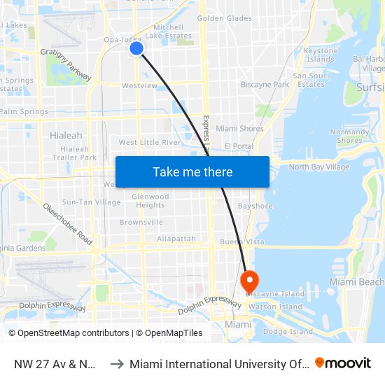 NW 27 Av & NW 136 St to Miami International University Of Art & Design map