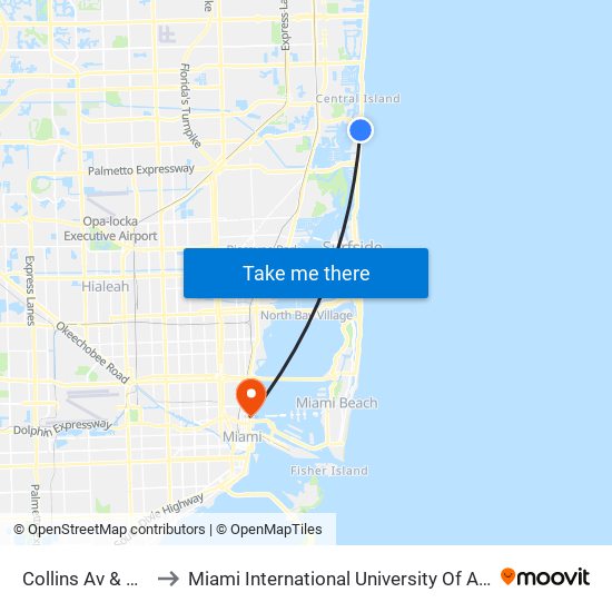 Collins Av & 186 St to Miami International University Of Art & Design map