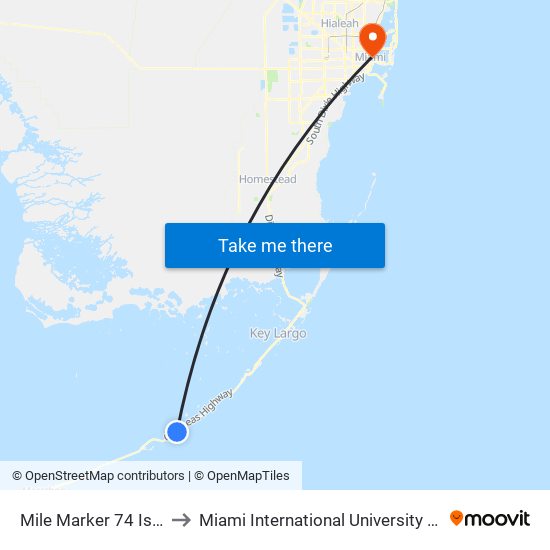 Mile Marker 74 Islamorada to Miami International University Of Art & Design map