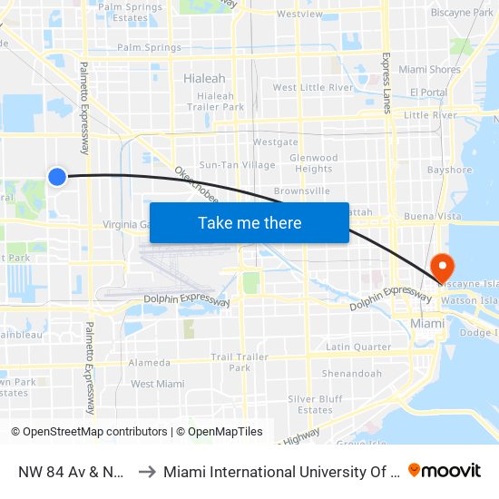 NW 84 Av & NW 58 St to Miami International University Of Art & Design map