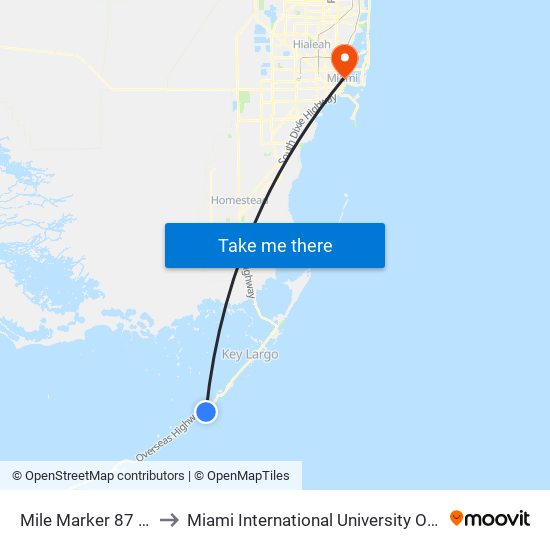 Mile Marker 87 Tavrnier to Miami International University Of Art & Design map
