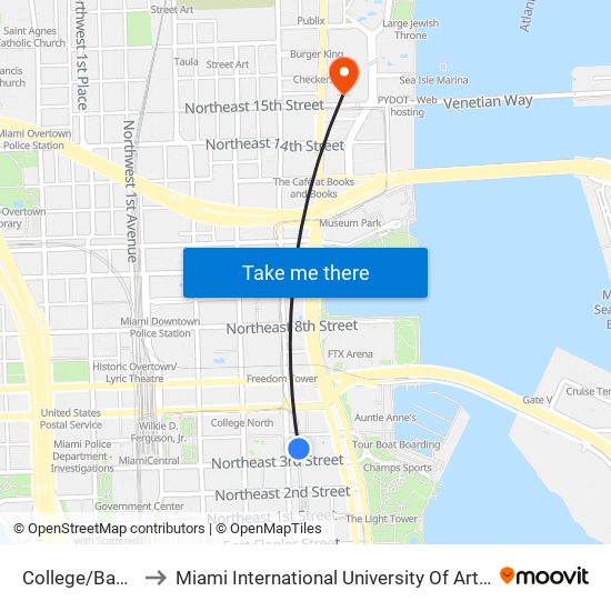 College/Bayside to Miami International University Of Art & Design map