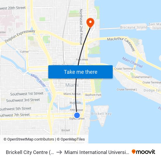 Brickell City Centre (Eighth Street) to Miami International University Of Art & Design map