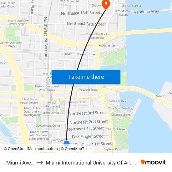 Miami Avenue to Miami International University Of Art & Design map