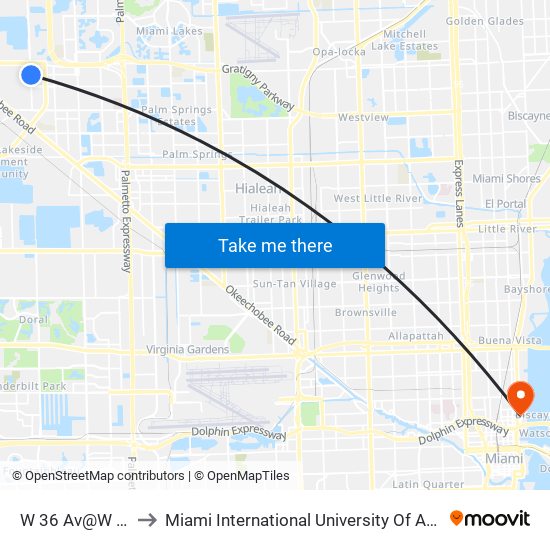 W 36 Av@W 80 St to Miami International University Of Art & Design map