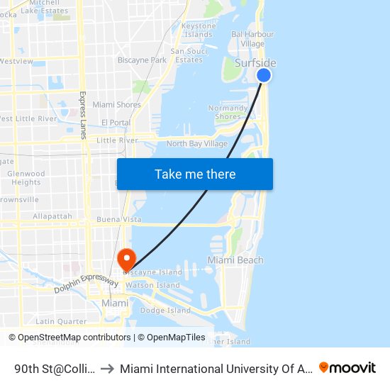 90th St@Collins Av to Miami International University Of Art & Design map