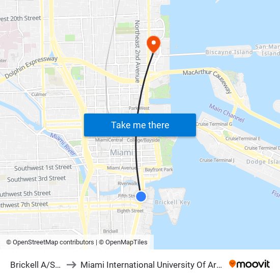 Brickell A/Se 6 S to Miami International University Of Art & Design map