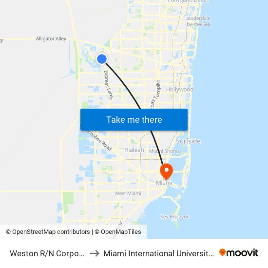 Weston R/N Corporate Lakes B to Miami International University Of Art & Design map