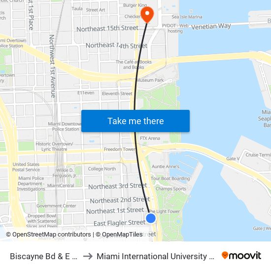 Biscayne Bd & E Flagler St to Miami International University Of Art & Design map