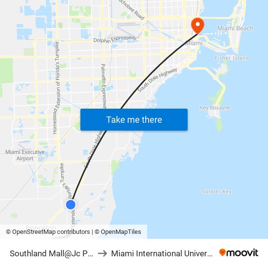 Southland Mall@Jc Penny SW 211 St to Miami International University Of Art & Design map