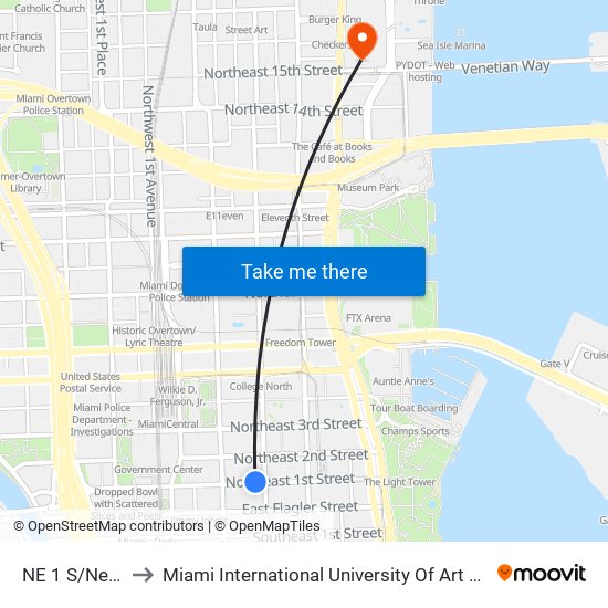NE 1 S/Ne 1 A to Miami International University Of Art & Design map