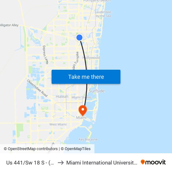 Us 441/Sw 18 S - (Gunther Kia) to Miami International University Of Art & Design map