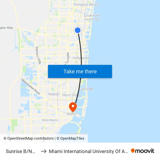 Sunrise B/Nw 16 A to Miami International University Of Art & Design map