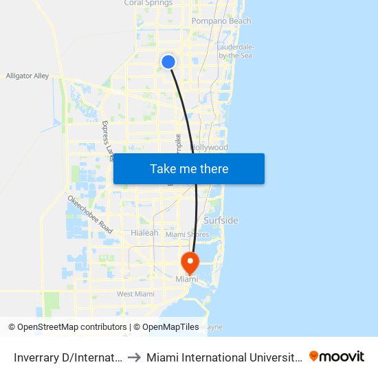 Inverrary D/International Village to Miami International University Of Art & Design map