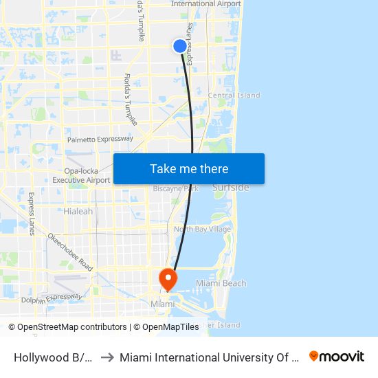 Hollywood B/Park R to Miami International University Of Art & Design map