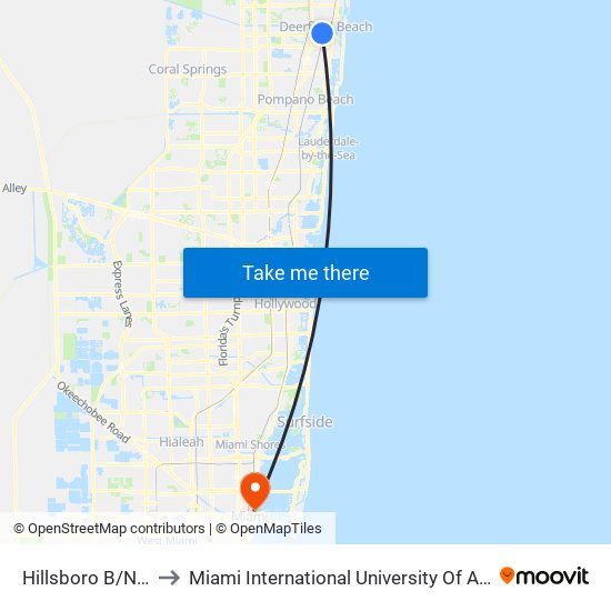 Hillsboro B/Nw 2 A to Miami International University Of Art & Design map