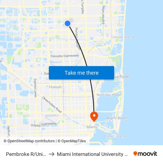 PEMBROKE R/UNIVERSITY D to Miami International University Of Art & Design map