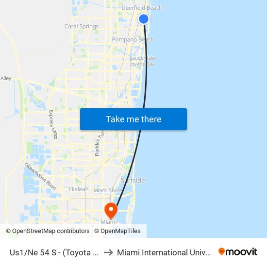 Us1/Ne 54 S - (Toyota Of Deerfield Beach) to Miami International University Of Art & Design map