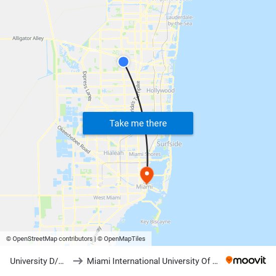 University D/Nova D to Miami International University Of Art & Design map
