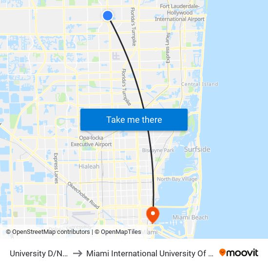 UNIVERSITY D/NW 54 S to Miami International University Of Art & Design map