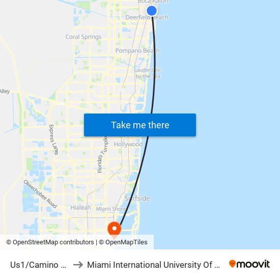 Us1/Camino Real N to Miami International University Of Art & Design map