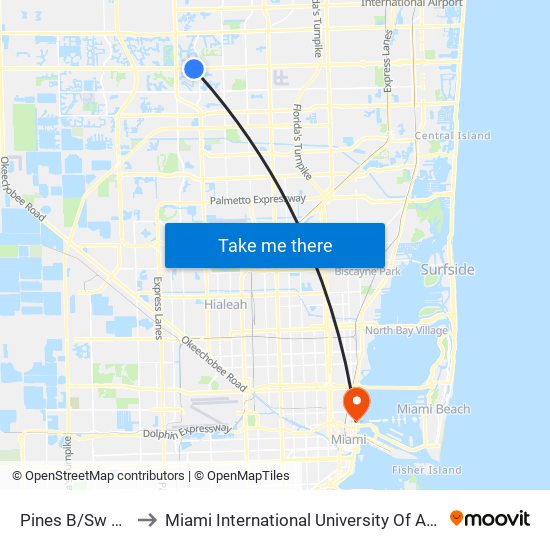 PINES B/SW 114 A to Miami International University Of Art & Design map