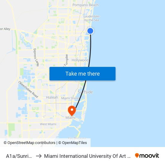 A1a/Sunrise B to Miami International University Of Art & Design map