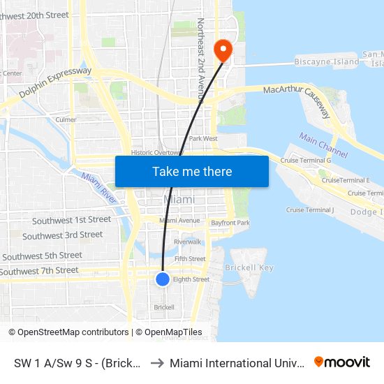 SW 1 A/Sw 9 S - (Brickell Metrorail Station) to Miami International University Of Art & Design map