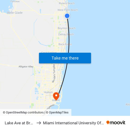 Lake Ave at Bradley St to Miami International University Of Art & Design map