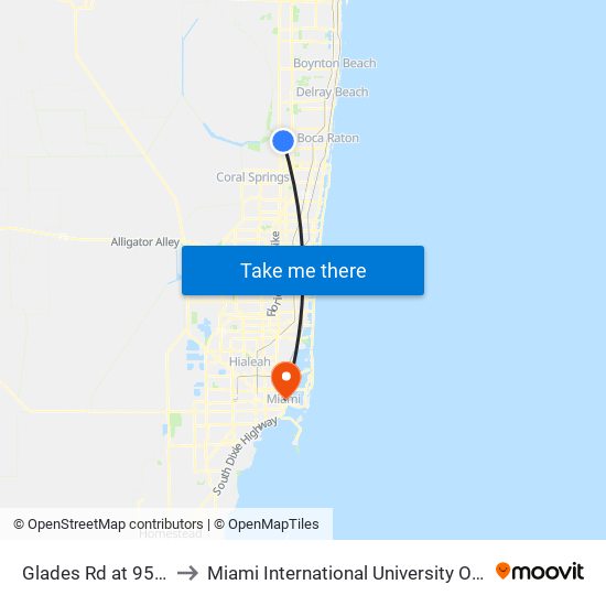Glades Rd at 95th Ave S to Miami International University Of Art & Design map