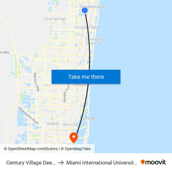 Century Village Deerfield Beach to Miami International University Of Art & Design map