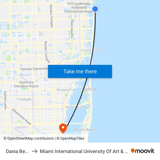 Dania Beach to Miami International University Of Art & Design map