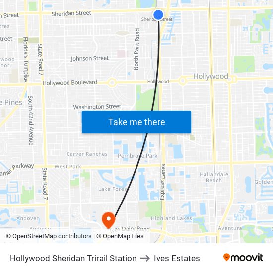 Hollywood Sheridan Trirail Station to Ives Estates map