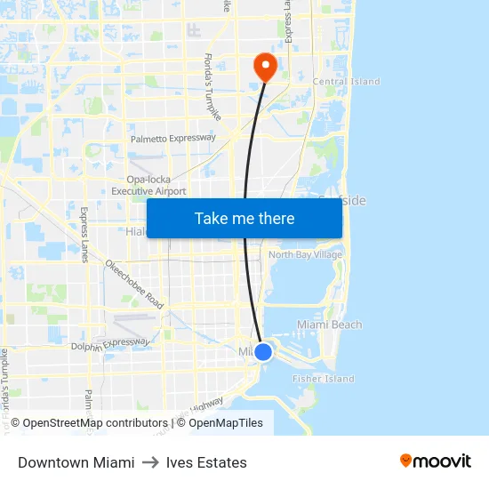 Downtown Miami to Ives Estates map