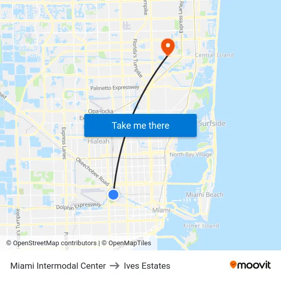 Miami Intermodal Center to Ives Estates map