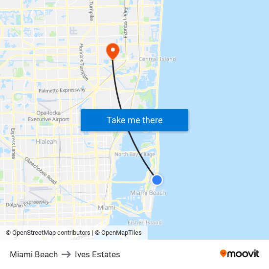 Miami Beach to Ives Estates map
