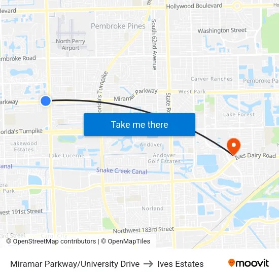 Miramar Parkway/University Drive to Ives Estates map