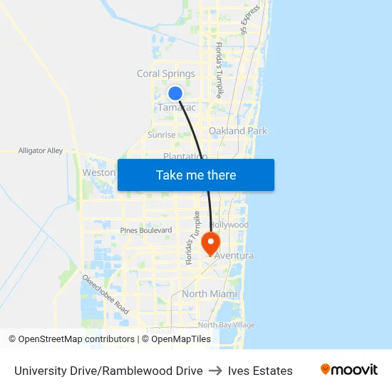 University Drive/Ramblewood Drive to Ives Estates map