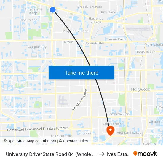 University Drive/State Road 84 (Whole Foods) to Ives Estates map