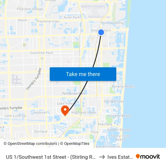 US 1/ Southwest 1st Street (Stirling Rd - Jaxson's Ice Cream Parlor) to Ives Estates map