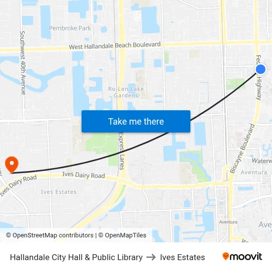 Hallandale City Hall & Public Library to Ives Estates map
