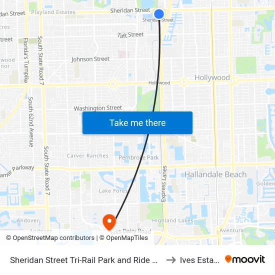 Sheridan Street Tri-Rail Park and Ride Station to Ives Estates map
